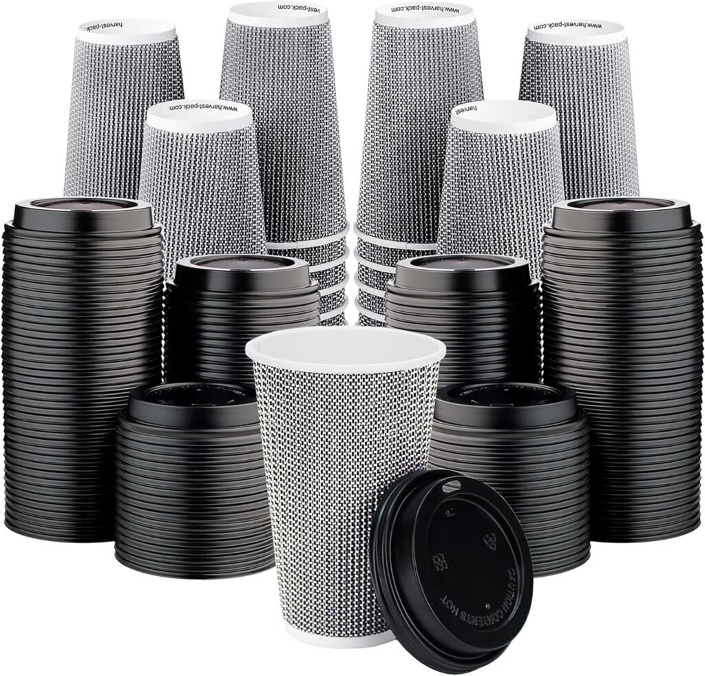 [85 SET]Harvest Pack 16 oz Disposable Coffee Cups, Insulated Ripple Double-Walled Paper Cup with Lid, Brown Geometric, Tea Hot Chocolate Drinks To go coffee cups