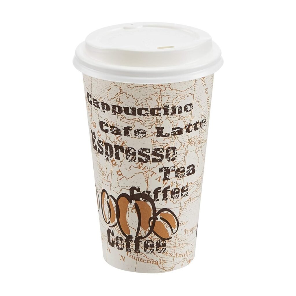 Amazon Basics Paper Hot Cups with Lids, Café Design, 16 oz, 100-Count