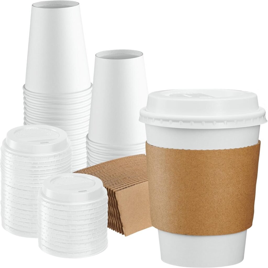 Comfy Package [50 Sets 12 oz]. Disposable White Coffee Cups with White Lids, Sleeves - To Go Paper Hot Cups