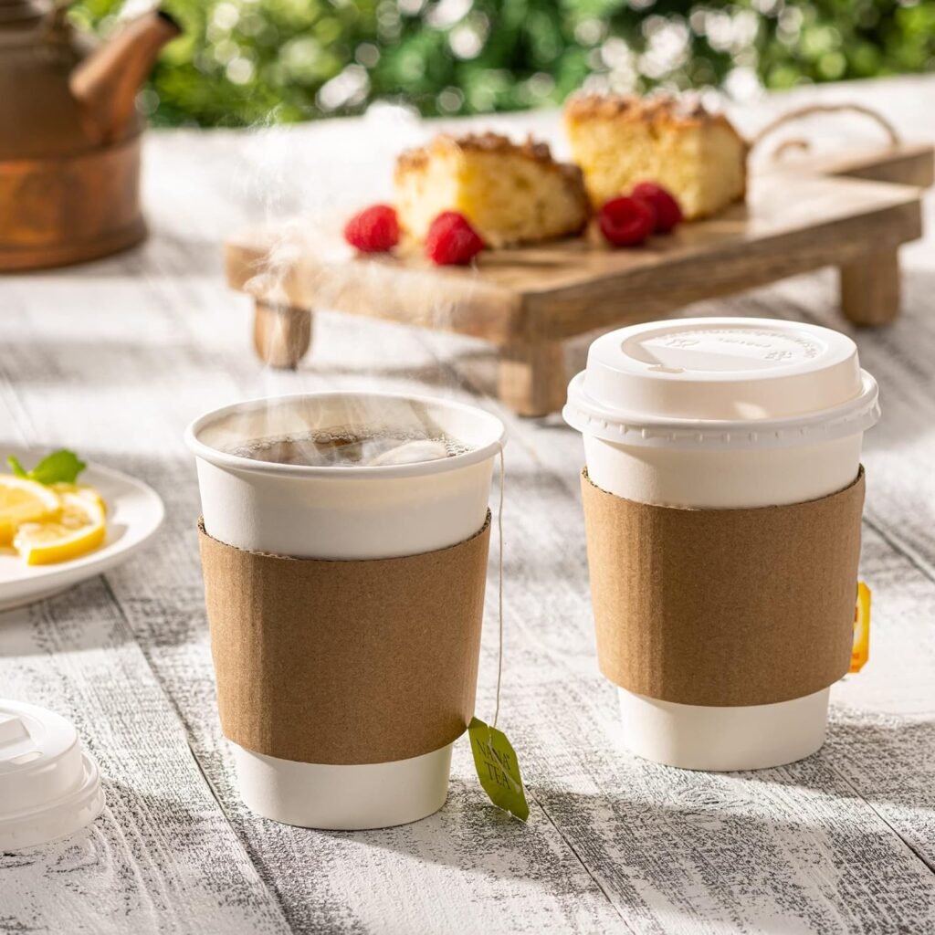 Comfy Package [50 Sets 12 oz]. Disposable White Coffee Cups with White Lids, Sleeves - To Go Paper Hot Cups