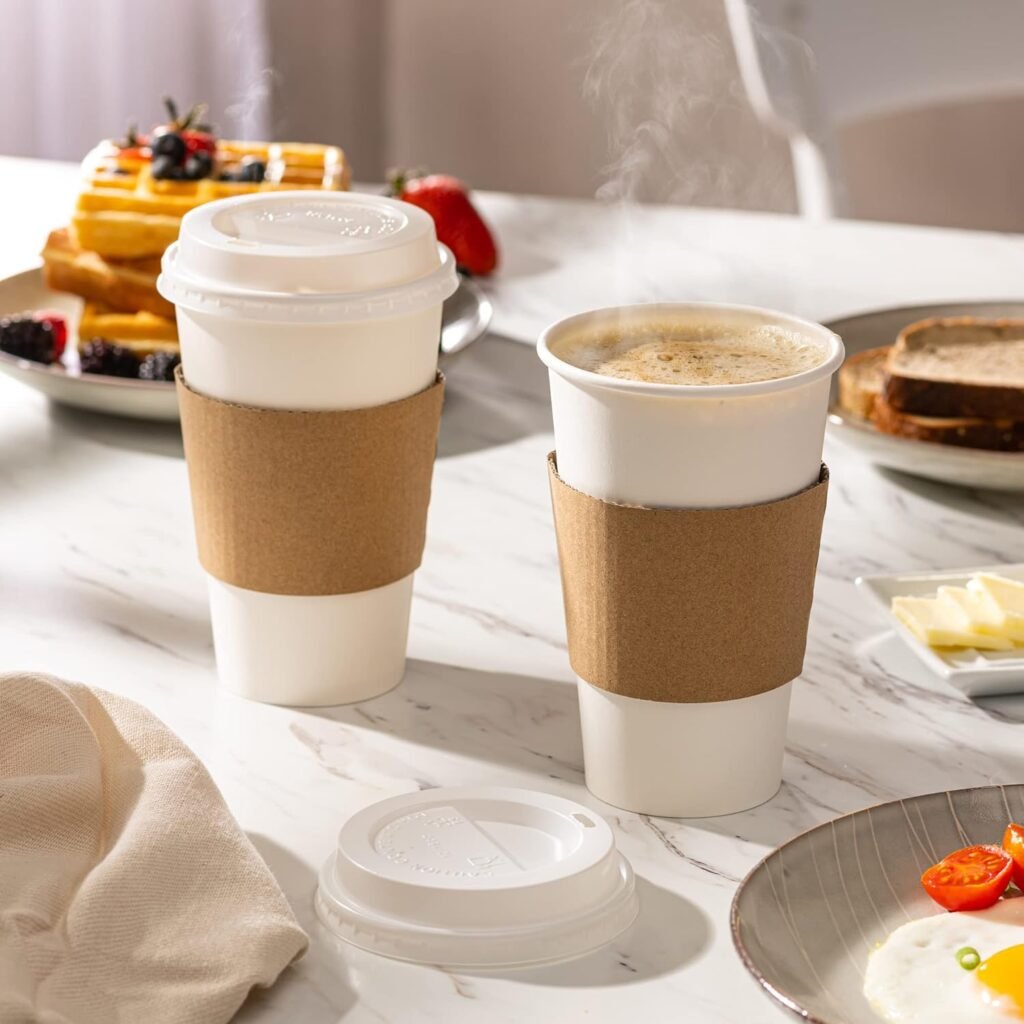 Comfy Package [50 Sets 12 oz]. Disposable White Coffee Cups with White Lids, Sleeves - To Go Paper Hot Cups