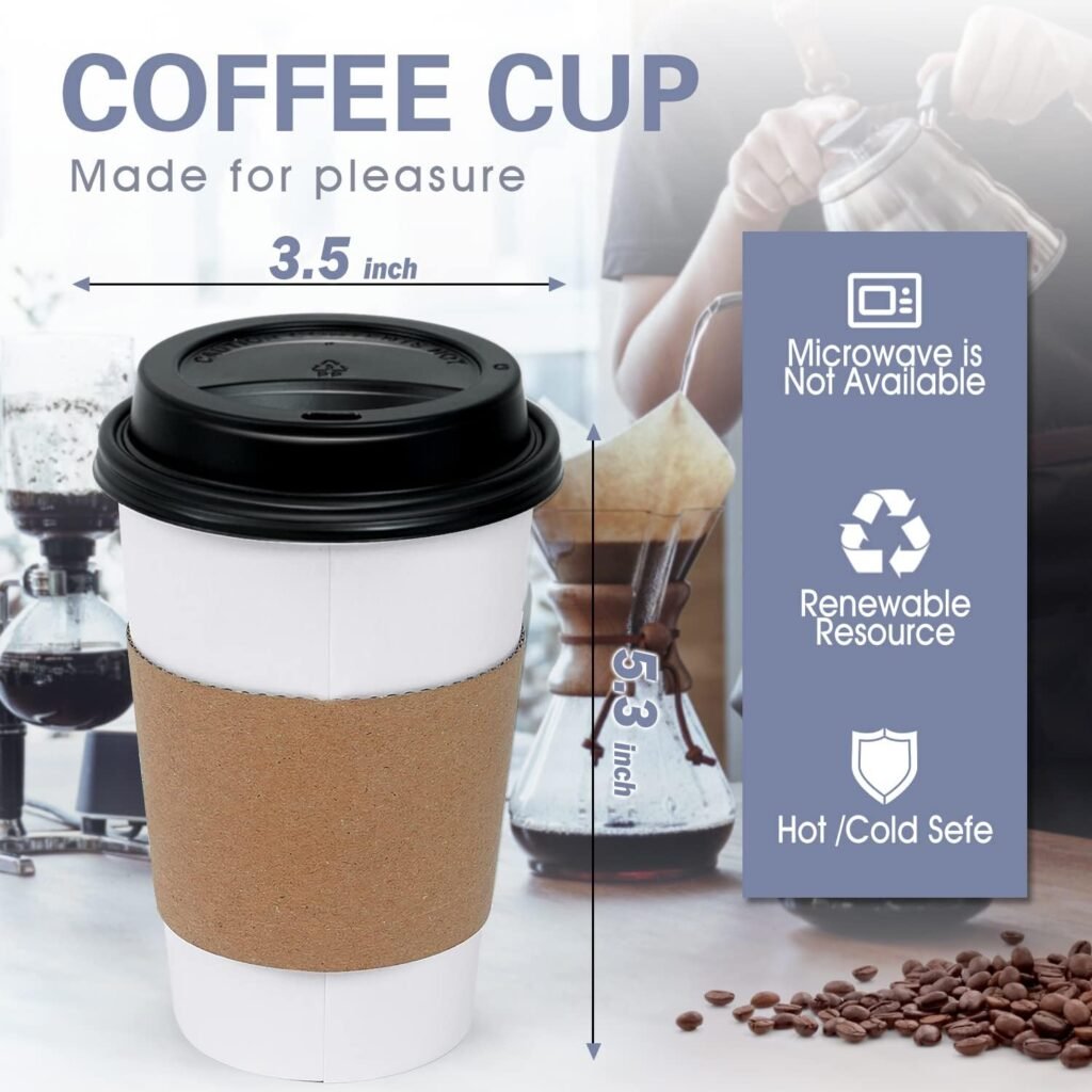 Ginkgo [100 Pack 16 oz Disposable Coffee Cups with Lids and Sleeves - To Go Coffee Cups for Hot  Cold Drinks