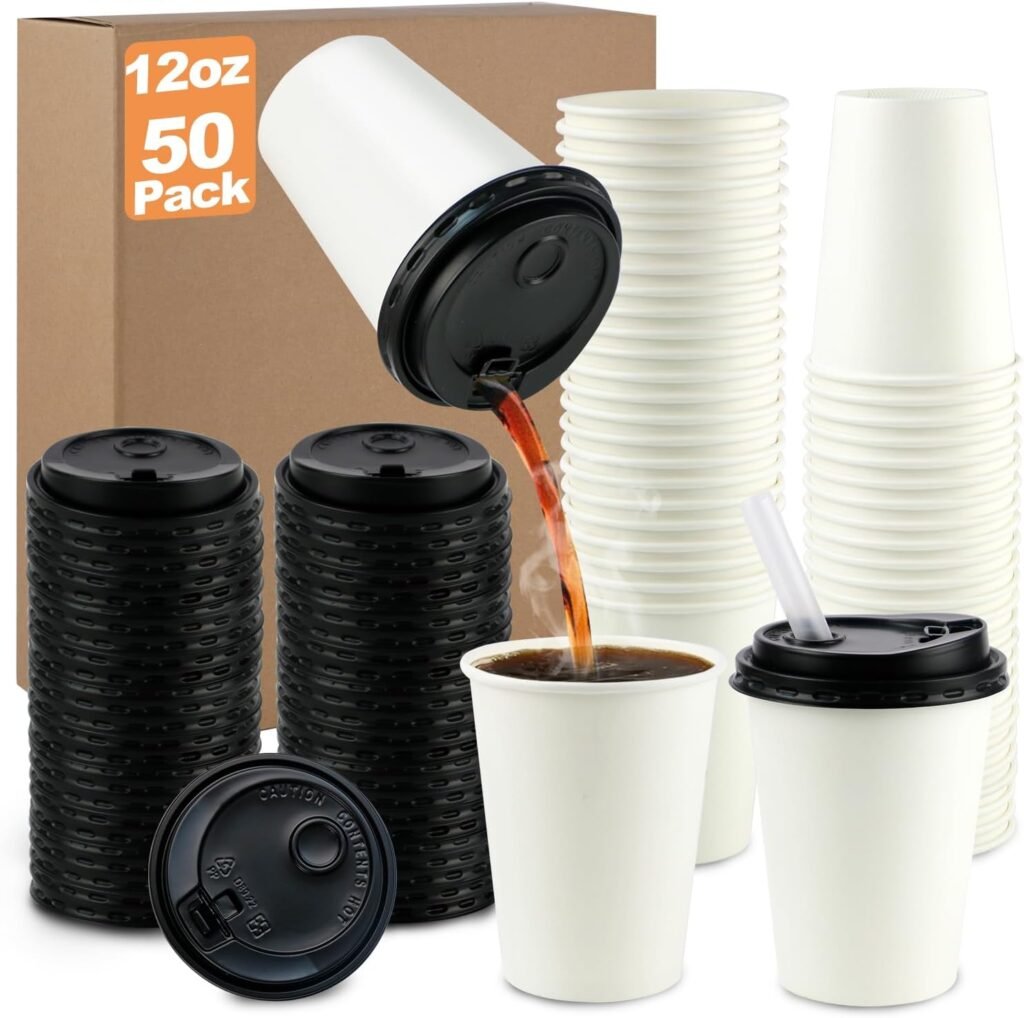 kwkwoice® Disposable Cup 12oz With Lid Paper Cup To Go Cup Coffee Cup Hot Drink Cup Food Grade Material Throwaway Cup(Pack of 50)