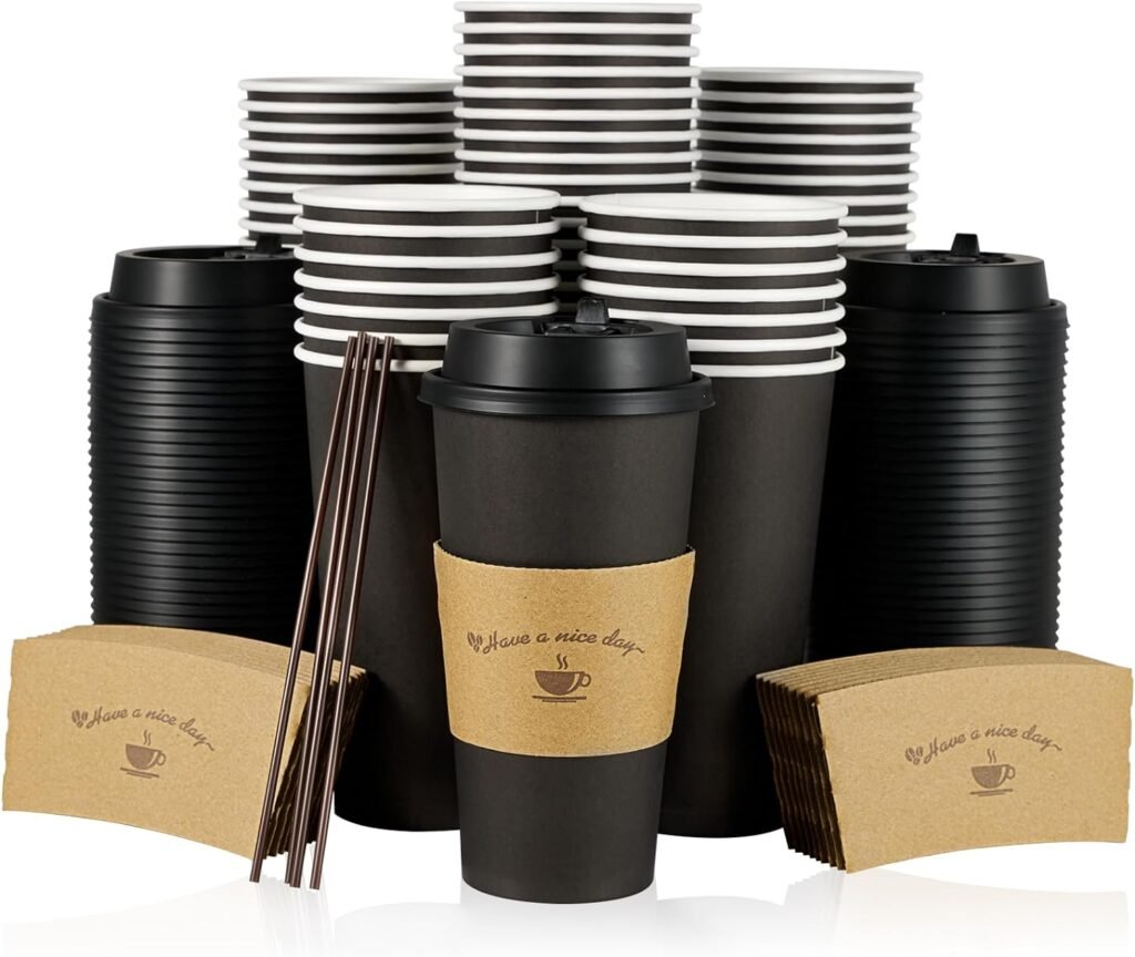 LITOPAK 50 Pack 20 oz Paper Coffee Cups, Drinking Cups for Cold/Hot Coffee Chocolate Drinks, Disposable Coffee Cups with Lids, Sleeves. and Stirring Sticks, Black Hot Coffee Cups for Home and Cafes.