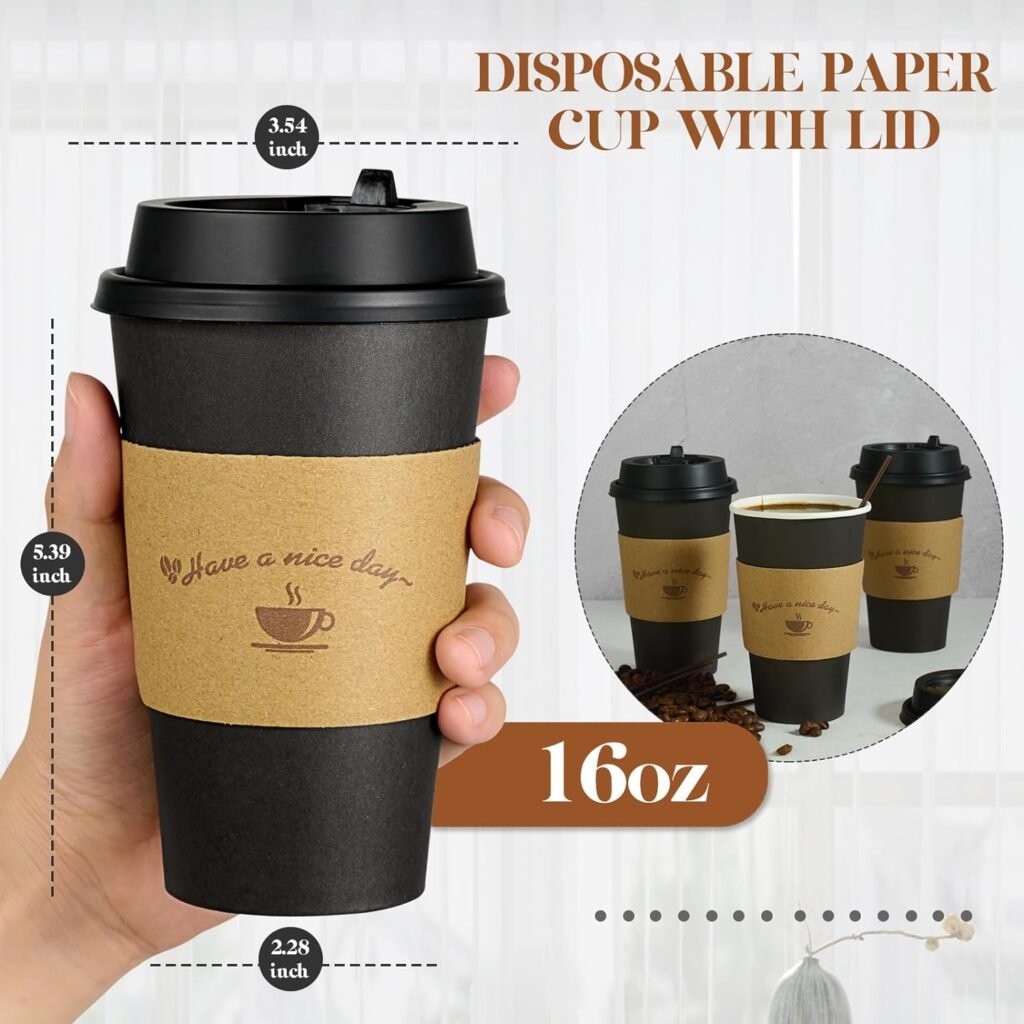 LITOPAK 50 Pack 20 oz Paper Coffee Cups, Drinking Cups for Cold/Hot Coffee Chocolate Drinks, Disposable Coffee Cups with Lids, Sleeves. and Stirring Sticks, Black Hot Coffee Cups for Home and Cafes.