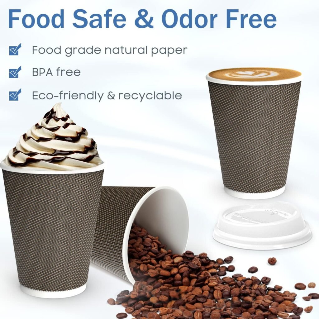 MRcup 12 oz Hot Beverage Coffee Cups with Lids and Straws, Insulated Triple Wall Leak/Heat free Disposable Anti-slip Togo Reusable Paper Cups, Brown [40 Packs]