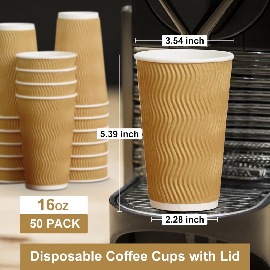 PARACITY 16oz Disposable Coffee Cups with Lids, Insulated Ripple Double-Walled Disposable Coffee Cups for Beverages Espresso Tea, 50Pack Disposable Coffee Cups with Lids for Parties and Travel