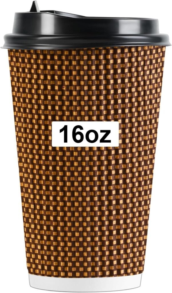 PARACITY 16oz Disposable Coffee Cups with Lids, Insulated Ripple Double-Walled Disposable Coffee Cups for Beverages Espresso Tea, 50Pack Disposable Coffee Cups with Lids for Parties and Travel