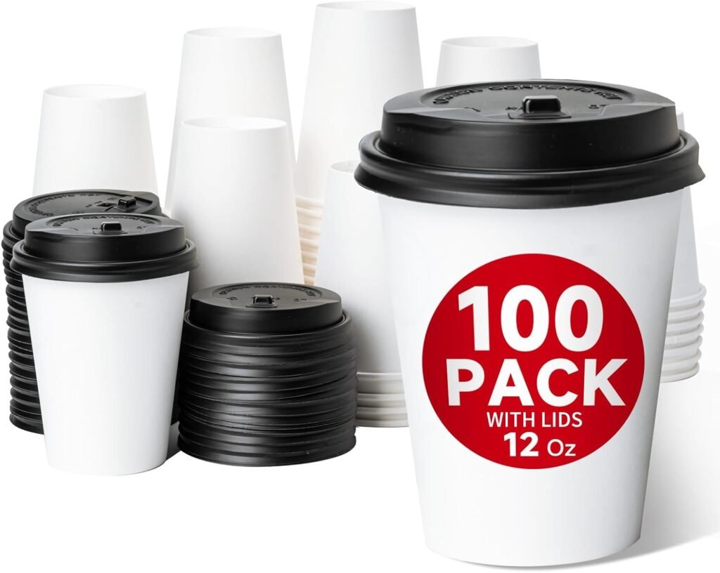 RACETOP [100 Pack] 12 oz Disposable Coffee Cups with Lids, Paper Coffee Cups with Lids 12 oz, Hot Cups for Home/Office