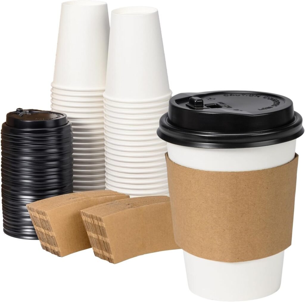 RACETOP [50 pack] 12 oz Coffee Cups with Lids and Kraft Sleeves, Disposable Paper Cups, Hot coffee cups, Ideal for Hot Beverage