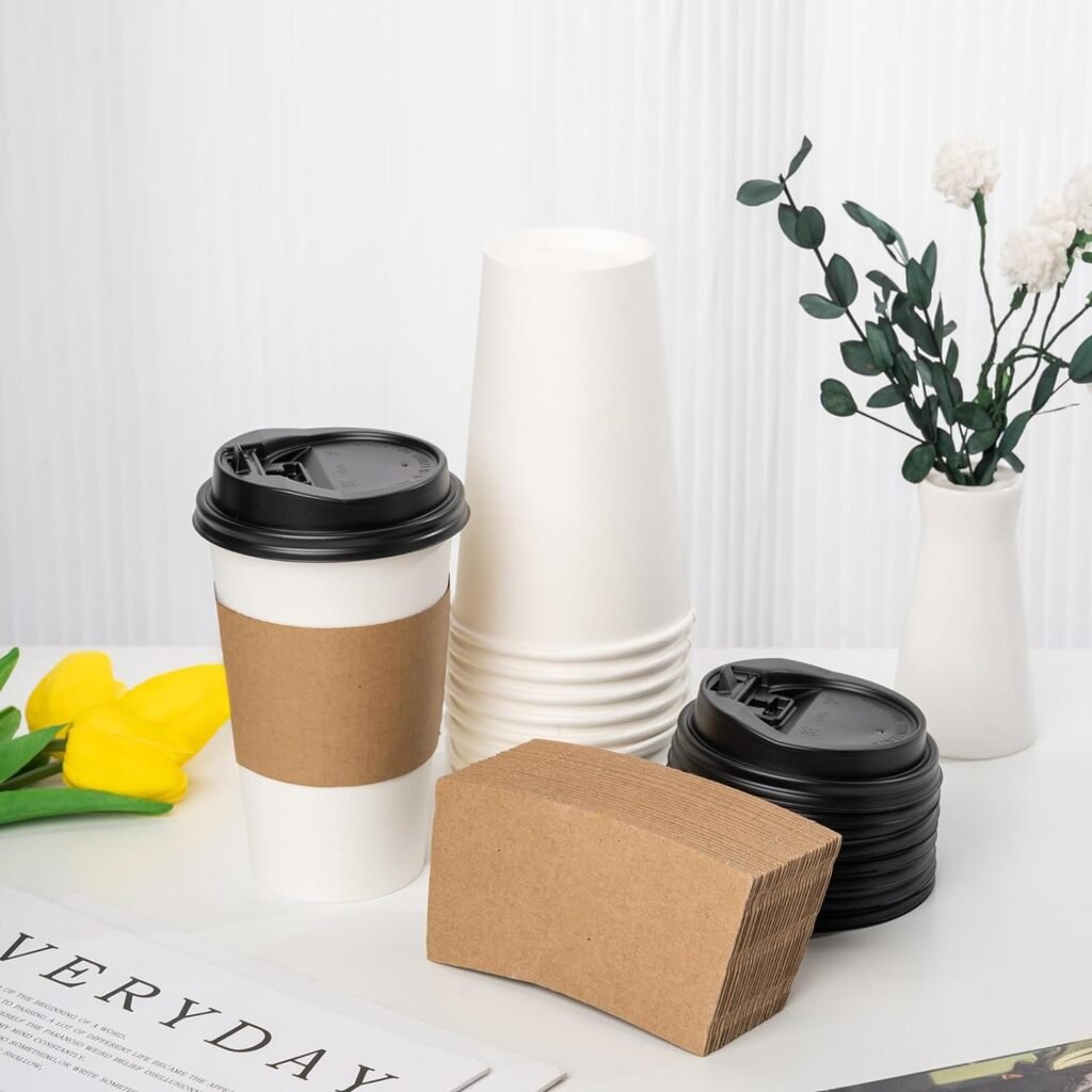 RACETOP [50 pack] 12 oz Coffee Cups with Lids and Kraft Sleeves, Disposable Paper Cups, Hot coffee cups, Ideal for Hot Beverage