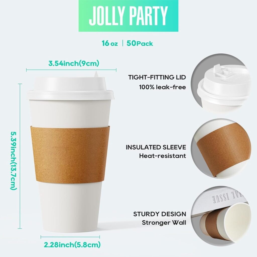 [100 Pack] 16 oz Paper Coffee Cups, Disposable Paper Coffee Cup with Lids, Sleeves, and Stirrers, Hot/Cold Beverage Drinking Cup for Water, Juice, Coffee or Tea, Suitable for Home,Shops and Cafes