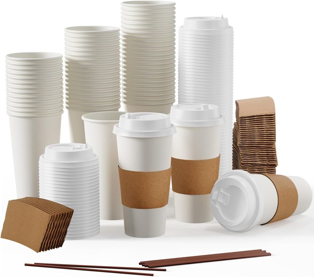 [100 Pack] 16 oz Paper Coffee Cups, Disposable Paper Coffee Cup with Lids, Sleeves, and Stirrers, Hot/Cold Beverage Drinking Cup for Water, Juice, Coffee or Tea, Suitable for Home,Shops and Cafes