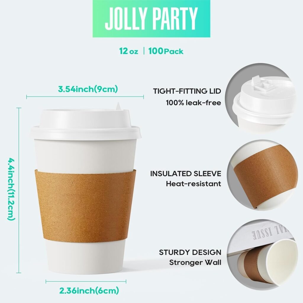 [100 Pack] 16 oz Paper Coffee Cups, Disposable Paper Coffee Cup with Lids, Sleeves, and Stirrers, Hot/Cold Beverage Drinking Cup for Water, Juice, Coffee or Tea, Suitable for Home,Shops and Cafes