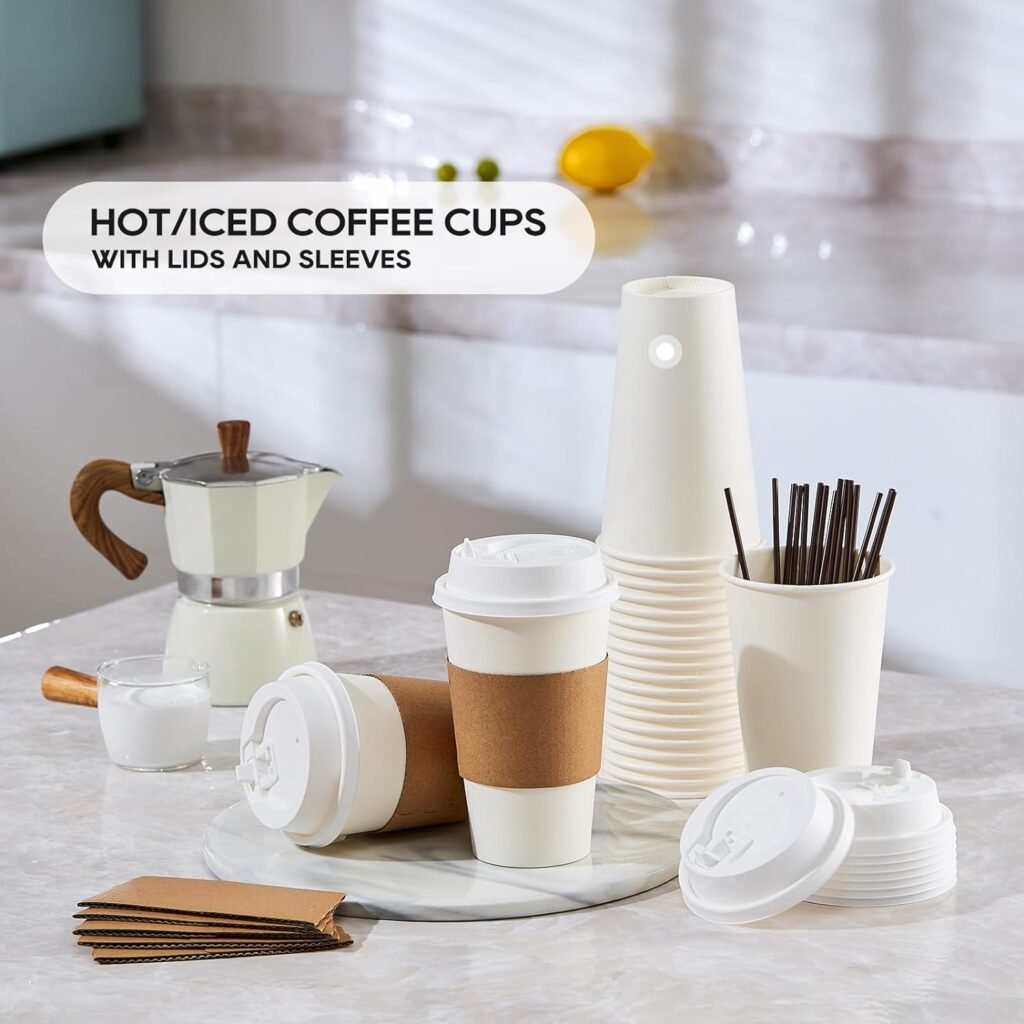 [100 Pack] 16 oz Paper Coffee Cups, Disposable Paper Coffee Cup with Lids, Sleeves, and Stirrers, Hot/Cold Beverage Drinking Cup for Water, Juice, Coffee or Tea, Suitable for Home,Shops and Cafes