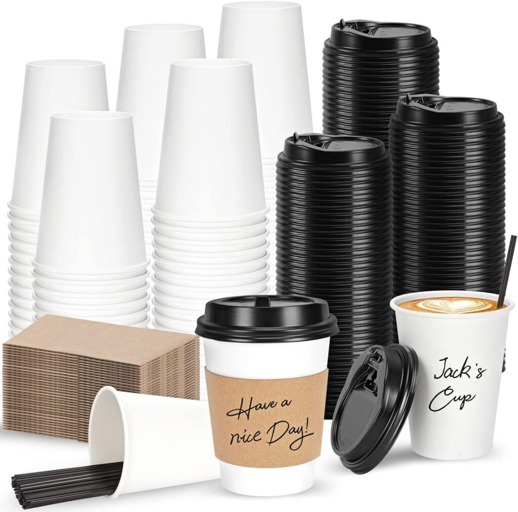 FIFWVGP 100 Pack 12 oz Disposable Coffee Cups with Lids, Sleeves and Stir Straws, Paper Coffee Cups with Lids, To Go Hot Coffee Cups for Home, Office, Cafes and Parties