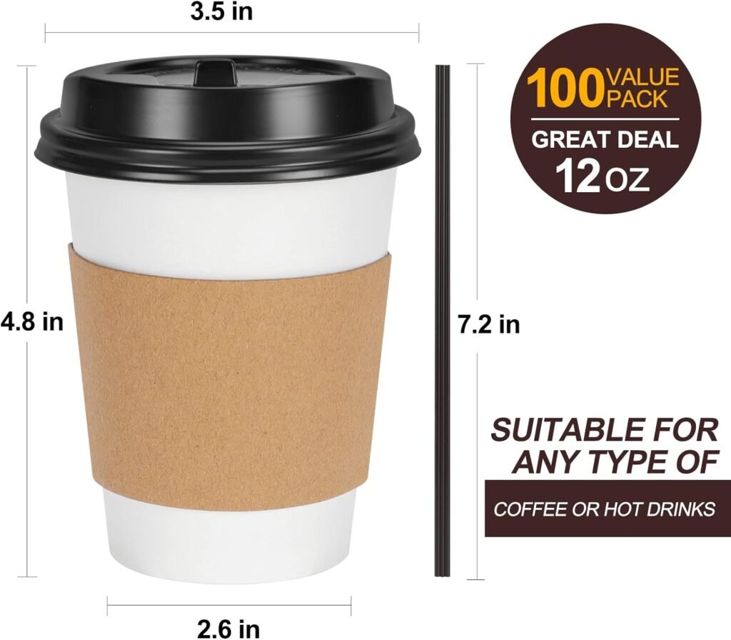 FIFWVGP 100 Pack 12 oz Disposable Coffee Cups with Lids, Sleeves and Stir Straws, Paper Coffee Cups with Lids, To Go Hot Coffee Cups for Home, Office, Cafes and Parties