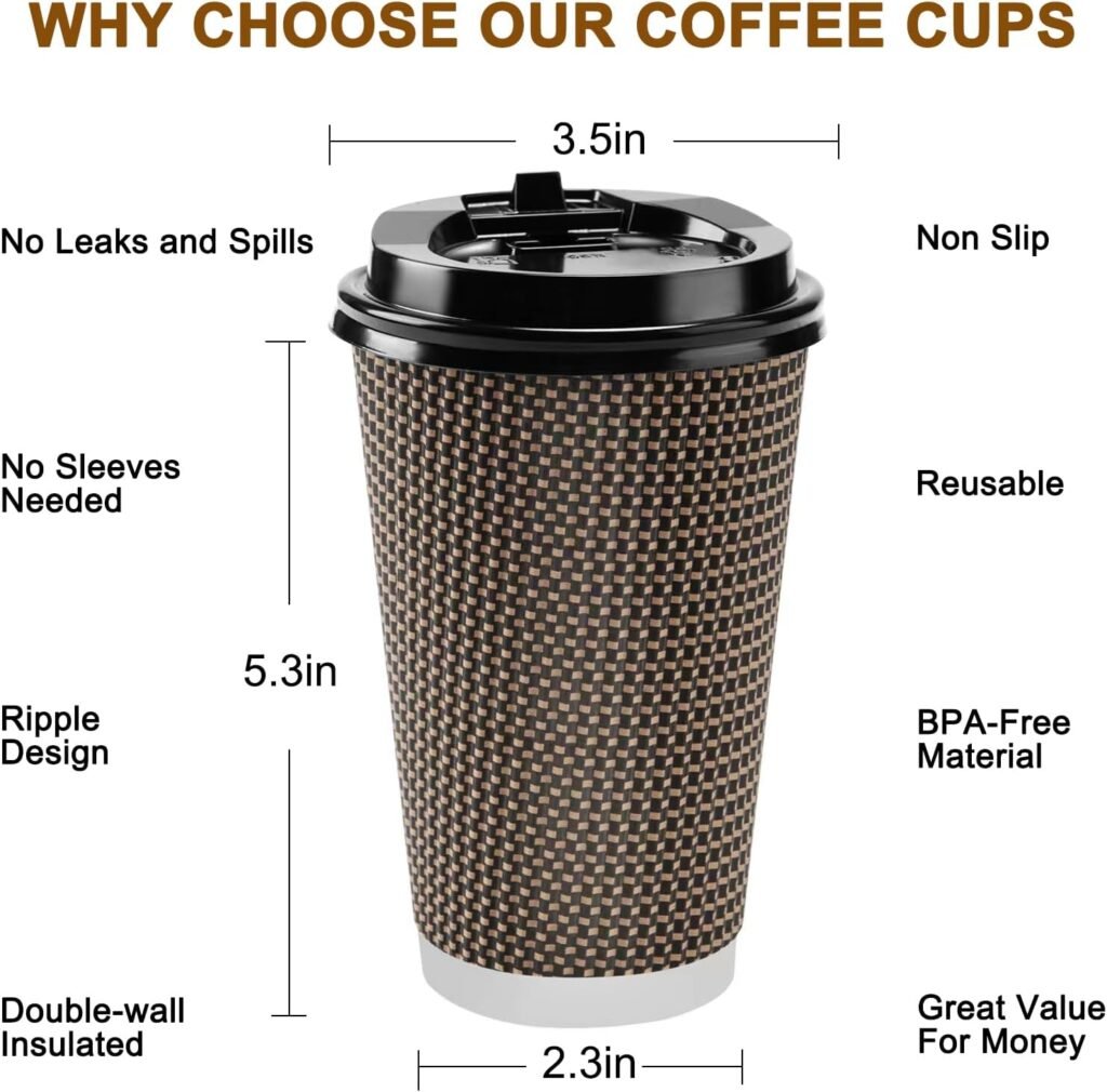 FIRSTLOVE 100 Pack 16 oz Insulated Disposable Coffee Cups with Lids, Ripple Thickened Paper Three Layer To Go Coffee Cups, Pefect for Hot Coffee Tea Chocolate and Hot Drinks