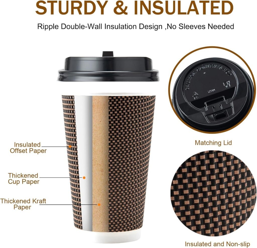 FIRSTLOVE 100 Pack 16 oz Insulated Disposable Coffee Cups with Lids, Ripple Thickened Paper Three Layer To Go Coffee Cups, Pefect for Hot Coffee Tea Chocolate and Hot Drinks