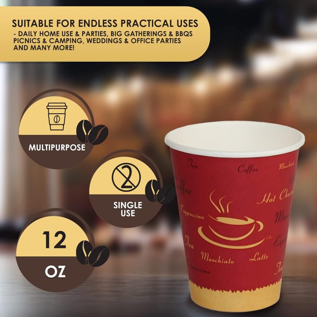 PAMI Hot Coffee Paper Cups [Pack of 50] 10oz - Disposable Take-Away Coffee Cups For Hot Drinks- Single-Use Paper Glasses For Espresso, Hot Chocolate, Tea- Cute To-Go Hot Beverage Drinking Cups